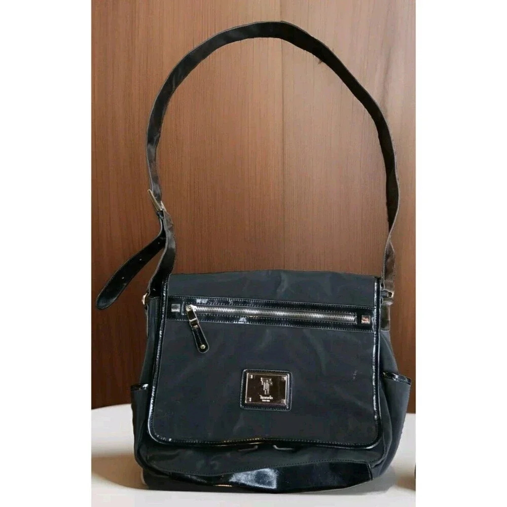 Tignanello Messenger Shoulder Bag Black Yellow Interior Laptop Computer Purse